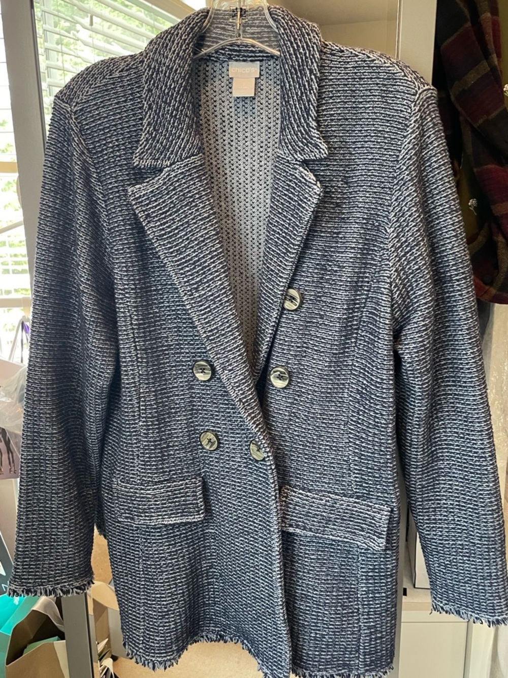 Navy and White Textured Double-Breasted Blazer fits like a 12